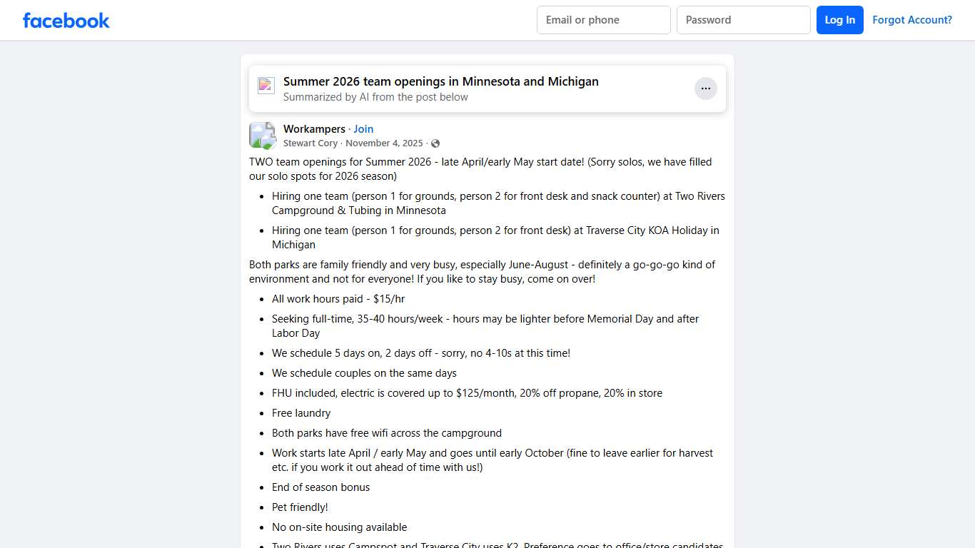 Workampers | TWO team openings for Summer 2026 - late April/early May start date | Facebook